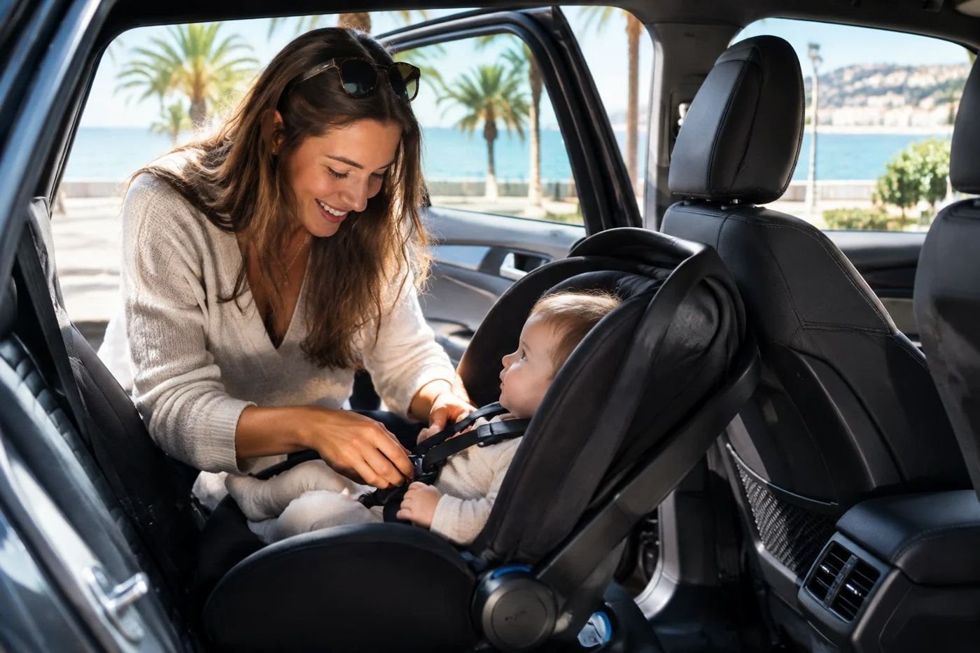 Maman installant son bébé dans un siège auto, Promenade des Anglais en arrière-plan